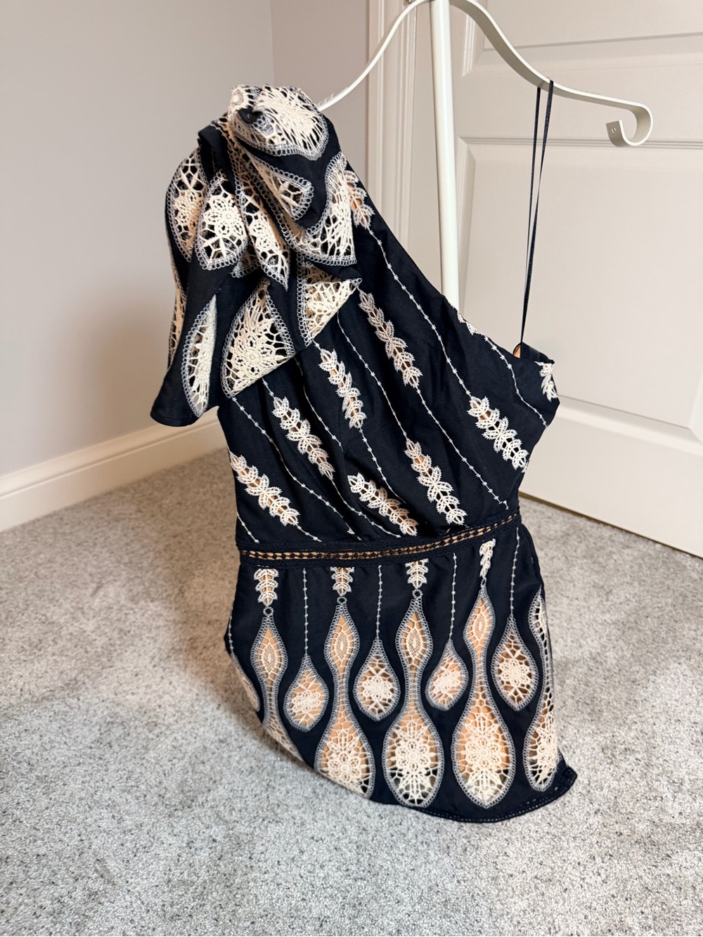 Johanna Ortiz Black Dress with Cream Lace One-Shoulder Mini - Picture 7 of 8